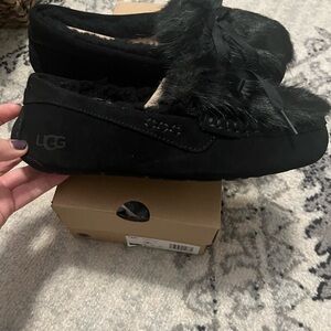 UGG Black Fur Moccasin Slippers